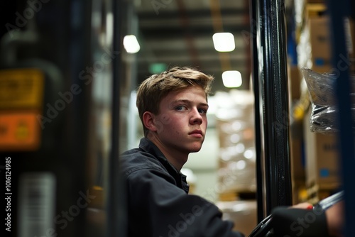 A determined young worker navigates through a warehouse on a forklift, surrounded by carefully stacked boxes, exemplifying concentration and efficiency in logistics. photo