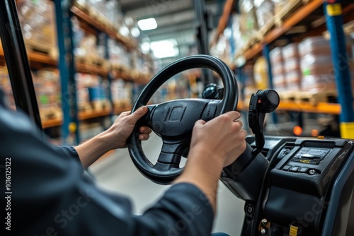 Close-up view of a person's hands on a forklift steering wheel, surrounded by shelves filled with boxes in a busy warehouse environment. photo