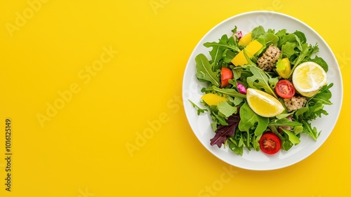 A vibrant salad presented in a sleek white bowl, showcasing a colorful mix of fresh vegetables, greens, and toppings.