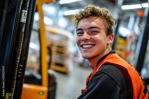 A smiling warehouse worker interacts with the surroundings while operating a forklift. The environment is vibrant and full of industrious energy. photo