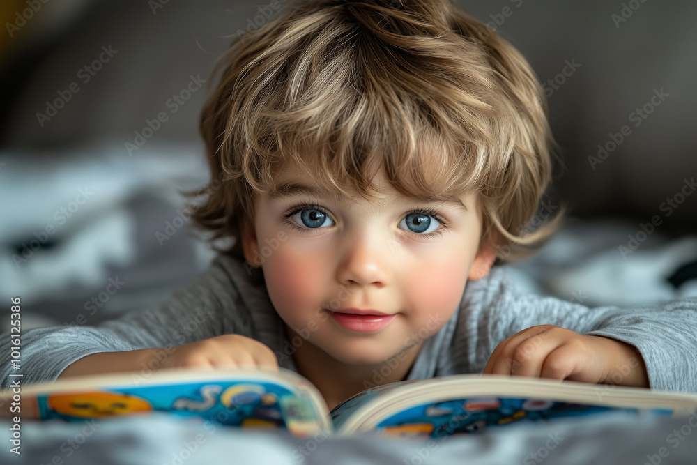 Boy Reading Book on Cozy Bed with Soft Lighting Boy Reading Book on Cozy Bed with Soft Lighting