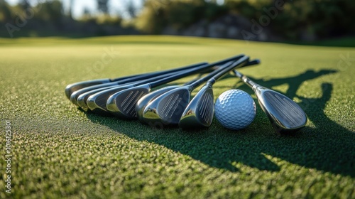 A set of golf clubs and a golf ball sitting on the green, ready for a round of golf. photo