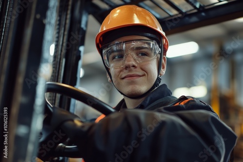 A confident forklift operator with protective gear navigates through an industrial setting, emphasizing safety, skill, and modern operational techniques. photo