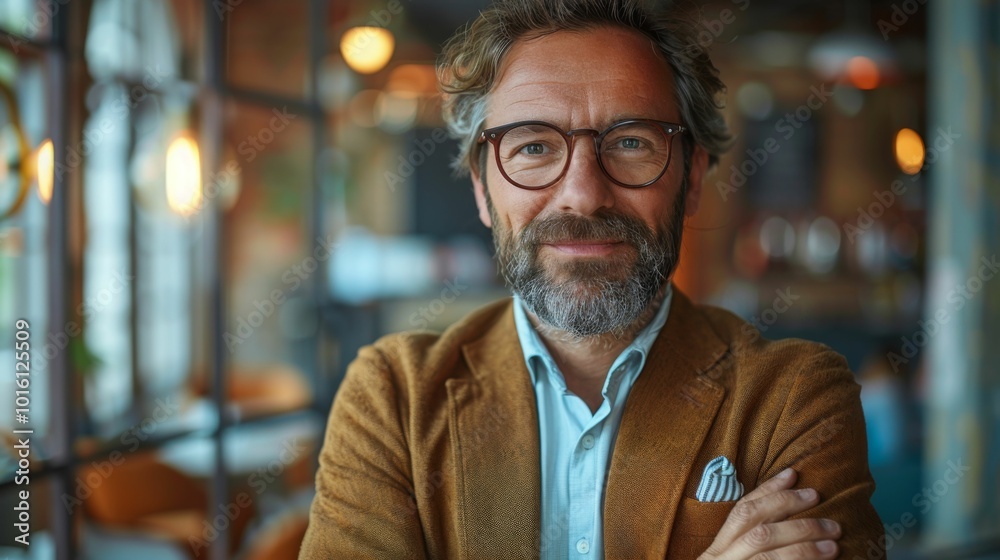 Obraz premium prosperous businessman keeps hands crossed, has satisfied expression