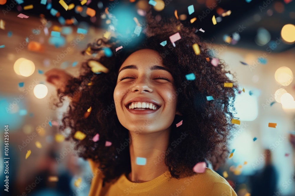 A woman with curly hair beams with happiness as she stands surrounded by falling colorful confetti, capturing a moment of pure joy and excitement at a party. A woman with curly hair beams with happiness as she stands surrounded by falling colorful confetti, capturing a moment of pure joy and excitement at a party.
