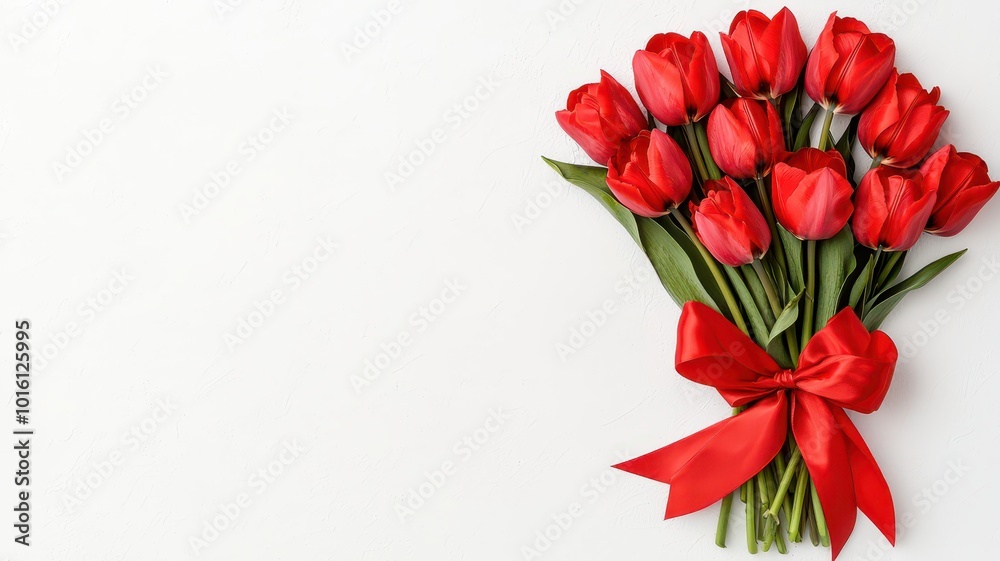 A beautiful bouquet of vibrant tulips elegantly tied with a satin ribbon, set against a clean white background. A beautiful bouquet of vibrant tulips elegantly tied with a satin ribbon, set against a clean white background.