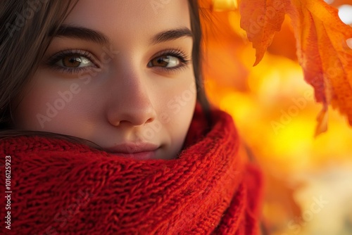 A striking close-up of a woman wrapped in a vibrant red scarf, set against a dazzling backdrop of orange autumn leaves, highlighting her peaceful expression beautifully.