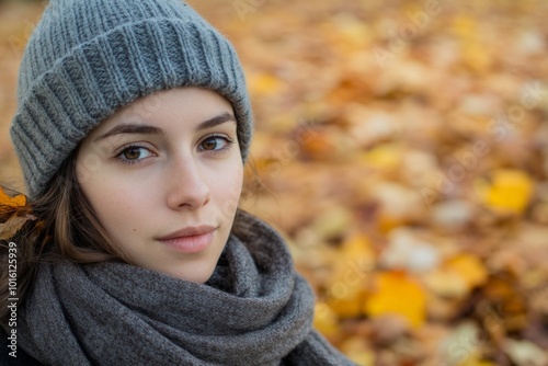 A serene portrait of a woman dressed warmly in a gray knit hat and brown scarf, against a backdrop of warm, fallen autumn leaves highlighting her calm demeanor.