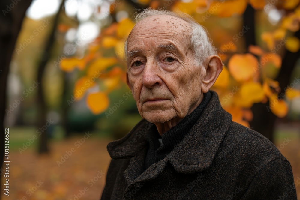 An elderly man with a solemn expression is standing in a park with vibrant autumn foliage, embodying a sense of dignified presence and nostalgia in nature. An elderly man with a solemn expression is standing in a park with vibrant autumn foliage, embodying a sense of dignified presence and nostalgia in nature.