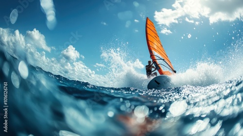 Windsurfer flying across the surface of the ocean, the board cutting through the waves with intense speed under a bright blue sky  high-energy water sports capture.