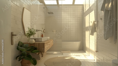 photograph of A bathroom with a skylight directly above a walk-in shower, flooding the space with natural light and making it feel bright and airy. photo