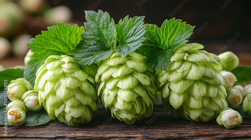 Fresh green hops cones with leaves on a wooden background. Fresh green hops cones with leaves on a wooden background.
