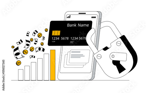 Smartphone with credit card, lock and growing chart. Profile with personal data. Profile security and privacy policy vector illustration concept.