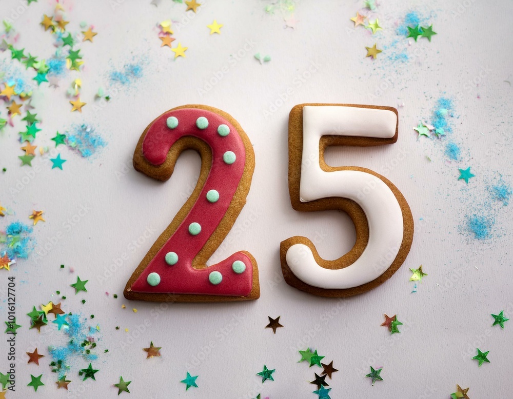 Decorated cookie, number 25, image for birthday or anniversary celebration Decorated cookie, number 25, image for birthday or anniversary celebration