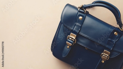 Navy blue satchel on a soft beige background, sleek and professional.