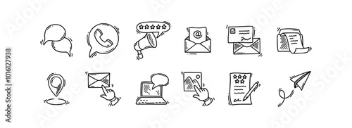 Contact us doodle icons set. Business communication sketch hand drawn vector illustration. Phone, messaging, fax, location, mail, client survey, review, subscription, follow social media