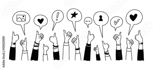 Hands up doodle background. Social media post like. Online messaging, subscribe, blogging, follower reaction, feedback. Crowd of happy people, satisfied customers, clients, business audience