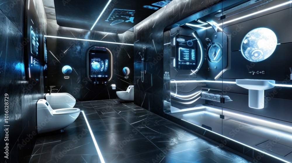 photograph of A futuristic smart bathroom with touch-screen mirrors, voice-controlled lighting, and a self-cleaning toilet, featuring sleek, modern finishes. photograph of A futuristic smart bathroom with touch-screen mirrors, voice-controlled lighting, and a self-cleaning toilet, featuring sleek, modern finishes.