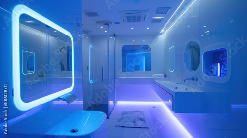 photograph of A futuristic high-tech bathroom with smart mirrors, digital temperature control, and automated lighting, showcasing cutting-edge technology.