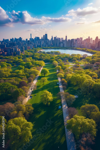 A view of a park with a city skyline in the background