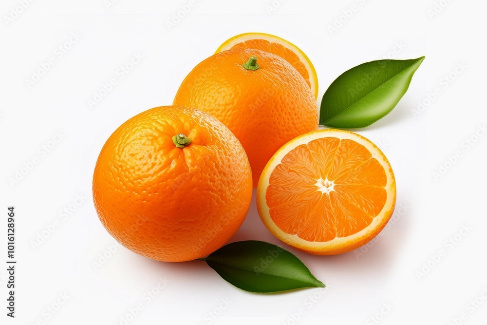 Orange with cut in half and green leaves isolated on white background. Orange with cut in half and green leaves isolated on white background.