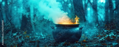 Mysterious cauldron with smoke and fire in an enchanted forest, creating a magical and atmospheric scene. photo