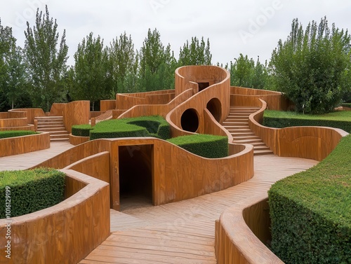 Maze playground with hedges, wooden walls, and puzzle-like paths for exploration, playground, maze playground photo