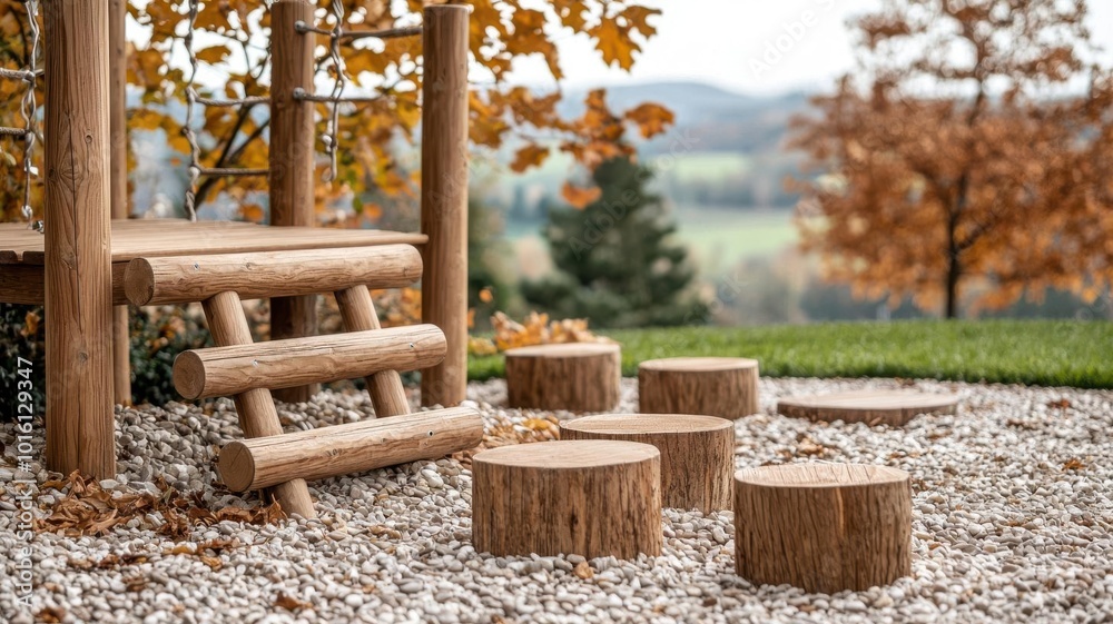 Nature-themed playground with wooden structures and natural elements ...