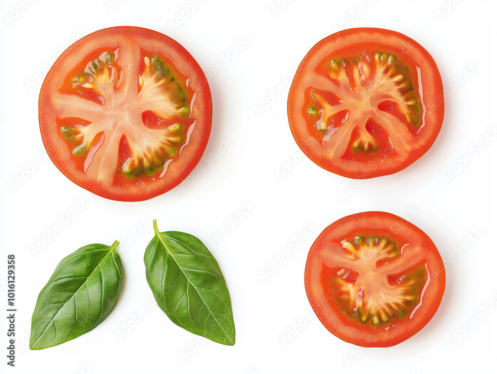 Fototapeta premium Ripe tomatoes and fresh basil leaves for culinary design