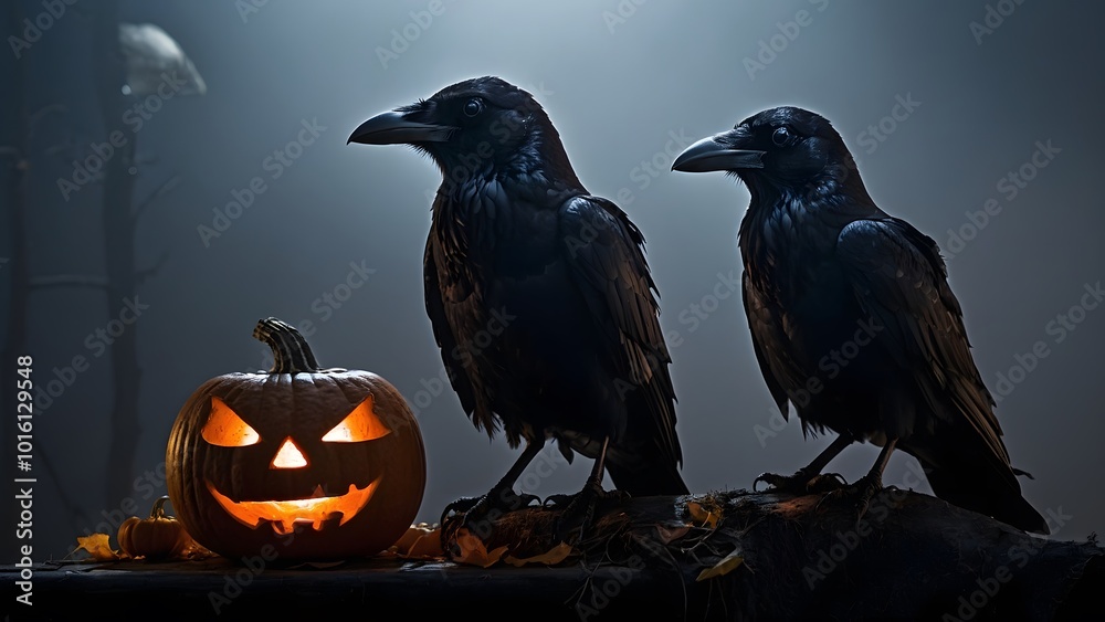 Obraz premium Two Ravens Perched Beside a Carved Pumpkin in a Dimly Lit Setting During Halloween Night