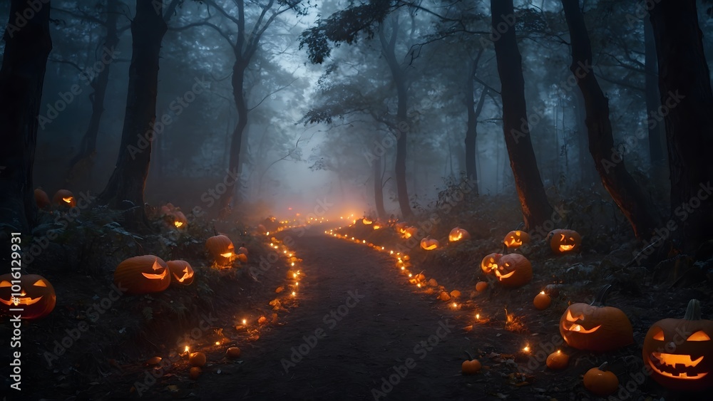 A Misty Forest Path Illuminated by Jack-O'-Lanterns During Halloween Night in October A Misty Forest Path Illuminated by Jack-O'-Lanterns During Halloween Night in October