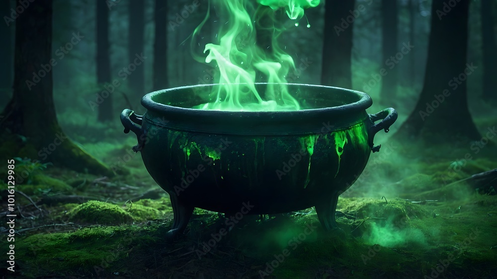 A Bubbling Green Cauldron Emits Mystical Smoke in a Dark Forest During Twilight A Bubbling Green Cauldron Emits Mystical Smoke in a Dark Forest During Twilight