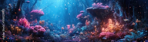 Frontal view of an enchanting underwater garden, where utopian structures bloom with glowing flora, captivating lights weave through the depths photo