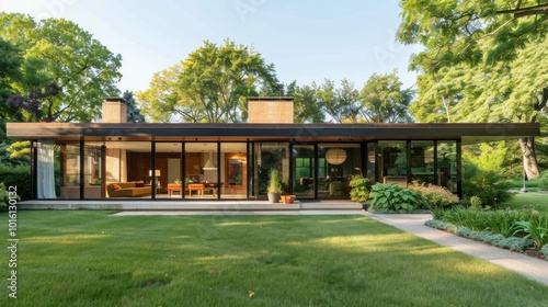 photograph of A modern minimalist house with clean lines, large glass windows, and a flat roof, surrounded by a manicured lawn and minimalist landscaping.