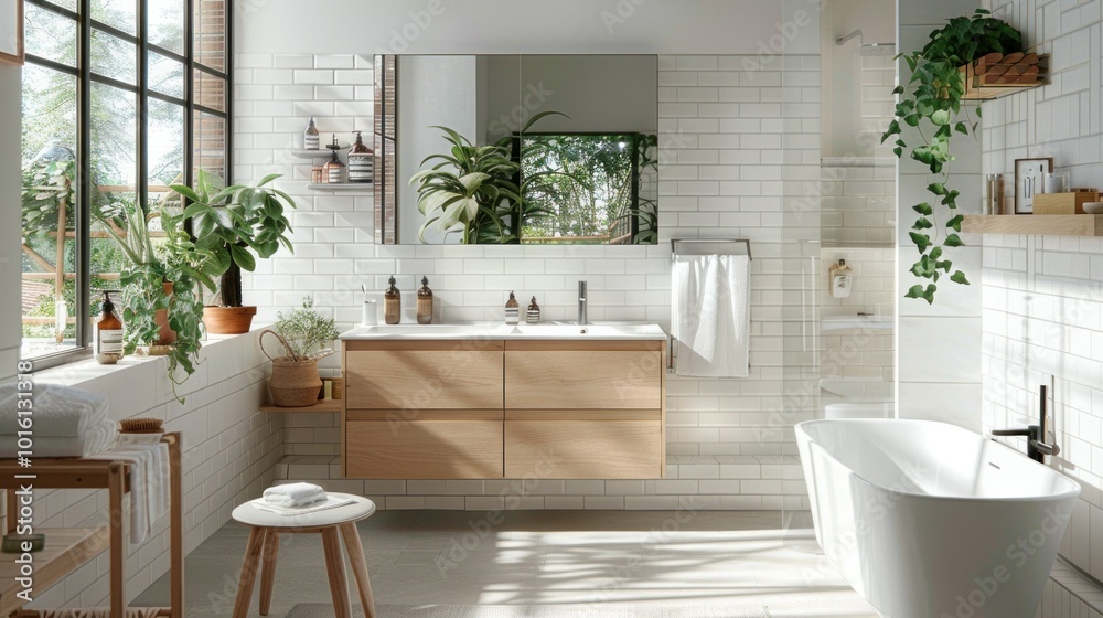 Scandinavian-style bathroom with light wood cabinets, white tiles, and large windows allowing natural light to flood the room. Scandinavian-style bathroom with light wood cabinets, white tiles, and large windows allowing natural light to flood the room.