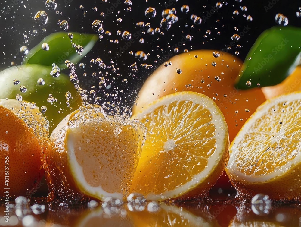 Fresh and vibrant oranges splashing in water, showcasing juicy citrus slices with bubbles and green leaves. Fresh and vibrant oranges splashing in water, showcasing juicy citrus slices with bubbles and green leaves.