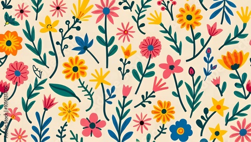 Floral Magic Colorful Flowers, Leaves, and Butterflies