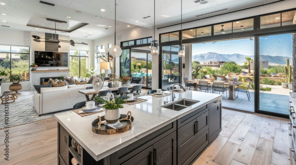 photograph of A spacious open-concept kitchen and living area, where the kitchen island seamlessly transitions into a dining space, with large glass doors leading to an outdoor patio. photograph of A spacious open-concept kitchen and living area, where the kitchen island seamlessly transitions into a dining space, with large glass doors leading to an outdoor patio.