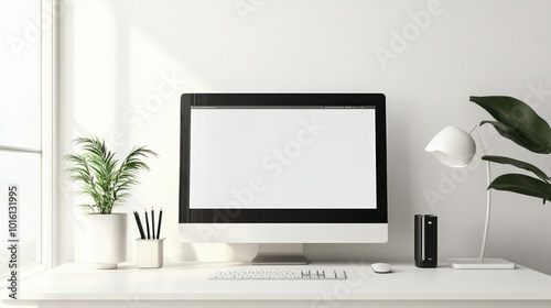 A sleek desk filled with computing devices is part of a contemporary casual corporate office arrangement. The workstation is organized and minimalistic, with an emphasis on efficiency.