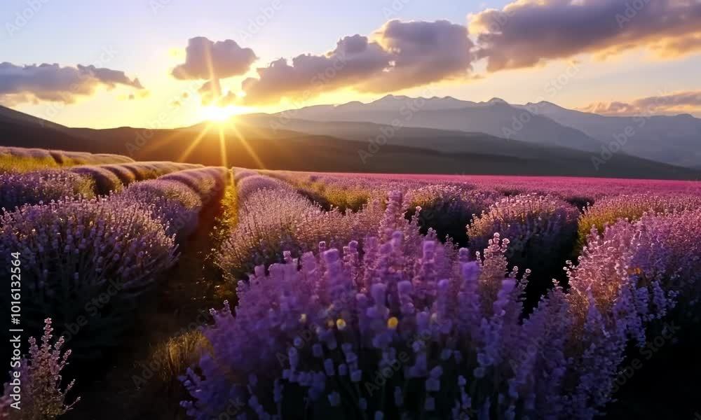 A field of lavender flowers with a bright sun in the background Video A field of lavender flowers with a bright sun in the background Video