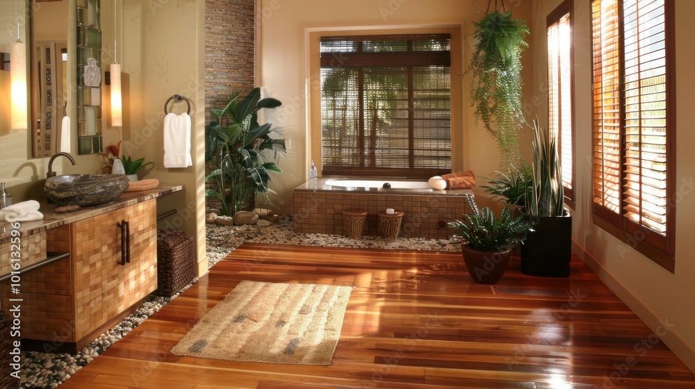 photograph of A Zen-inspired bathroom with bamboo flooring, a stone sink, and a wooden soaking tub, creating a peaceful, spa-like environment. photograph of A Zen-inspired bathroom with bamboo flooring, a stone sink, and a wooden soaking tub, creating a peaceful, spa-like environment.