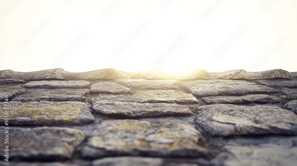 A close-up view of textured stone bricks with sunlight highlighting the top edge. A close-up view of textured stone bricks with sunlight highlighting the top edge.