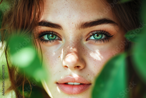 A close up of a woman with freckles on her face photo