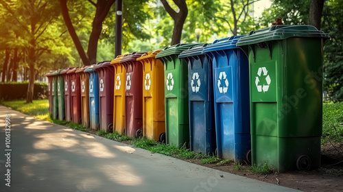 Different color recycling bins in city park bins for collection of recycle materials