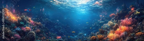 Wallpaper Mural High-angle view, vibrant coral reefs, illuminated futuristic city, advanced submarines exploring, soft bioluminescence Torontodigital.ca