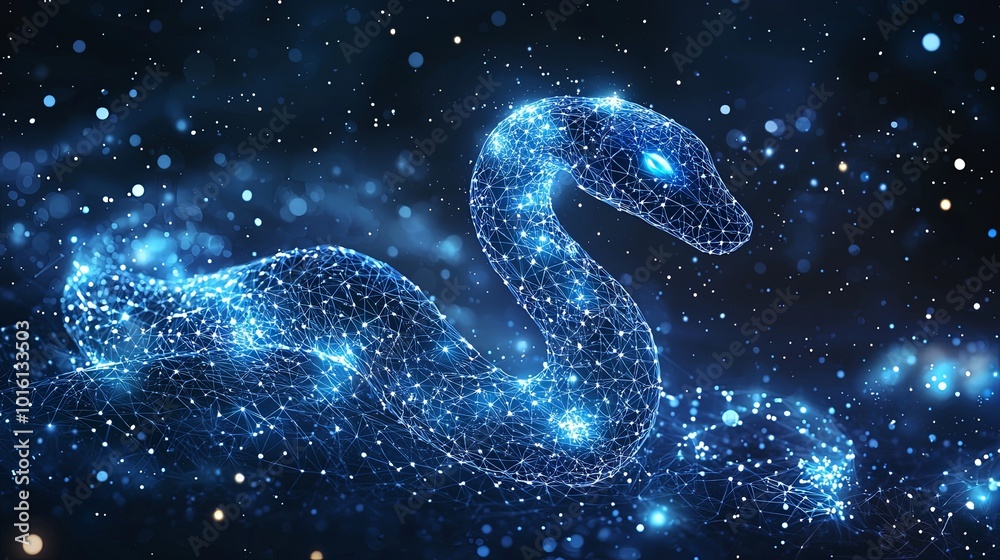 A snake, constructed from sparkling blue digital elements, weaves through a realm of shining stars and cosmic beauty, representing technology and mystery. A snake, constructed from sparkling blue digital elements, weaves through a realm of shining stars and cosmic beauty, representing technology and mystery.
