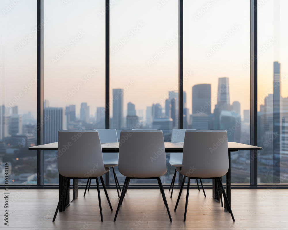 A modern conference room with glass wall offers stunning view of city skyline at sunset. sleek design features minimalist table and white chairs, creating professional atmosphere A modern conference room with glass wall offers stunning view of city skyline at sunset. sleek design features minimalist table and white chairs, creating professional atmosphere
