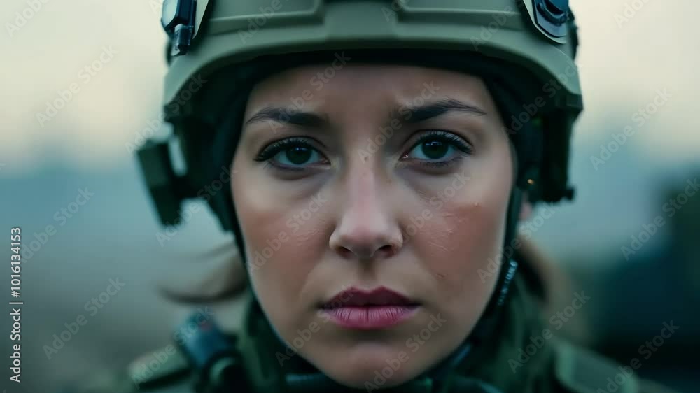 A woman in military gear stares intently forward A woman in military gear stares intently forward