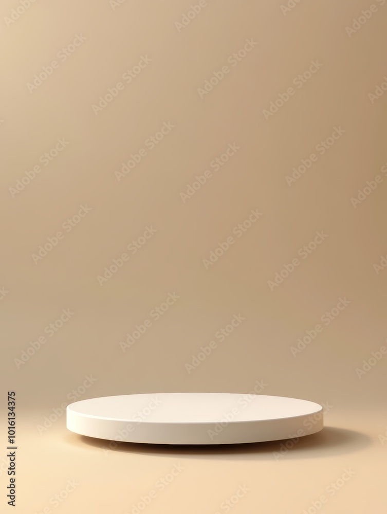 Minimalist white pedestal on a soft beige backdrop for product display or photography. Minimalist white pedestal on a soft beige backdrop for product display or photography.