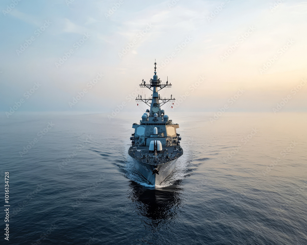 A modern naval warship is patrolling international waters, cutting through calm seas under serene sky. vessel showcases advanced technology and design, symbolizing maritime security